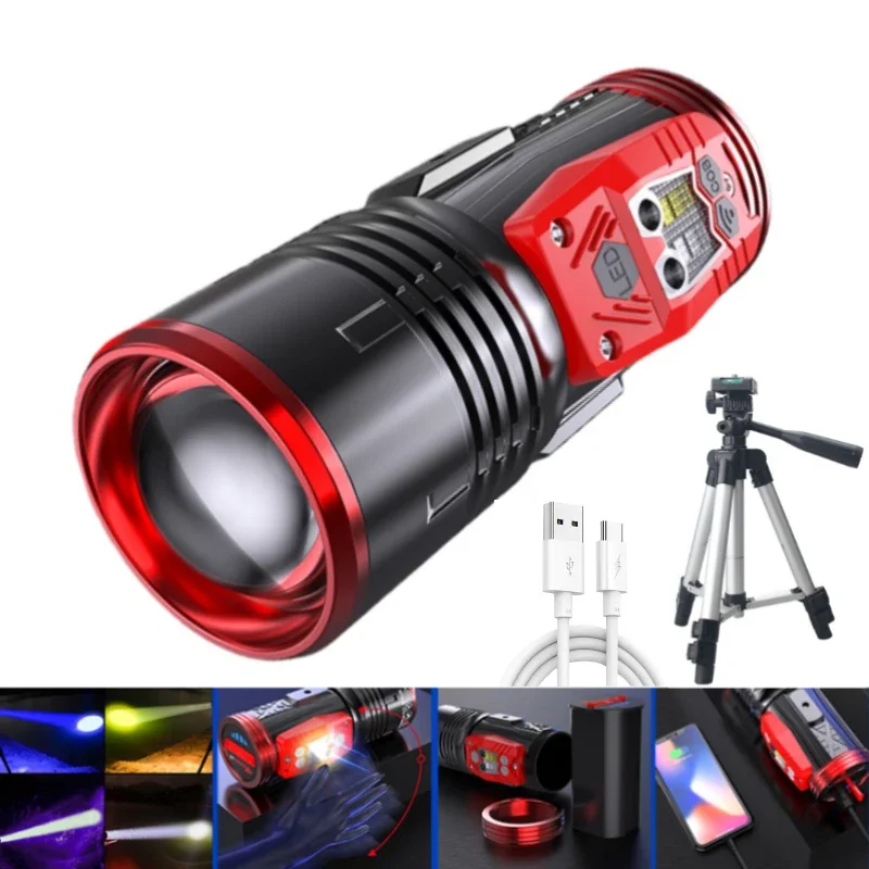 Night FishingLight Super Bright 4 Light Source Fishing Searchlight Bait Charging Purple Blue Light Zoomable Handheld Flashlight