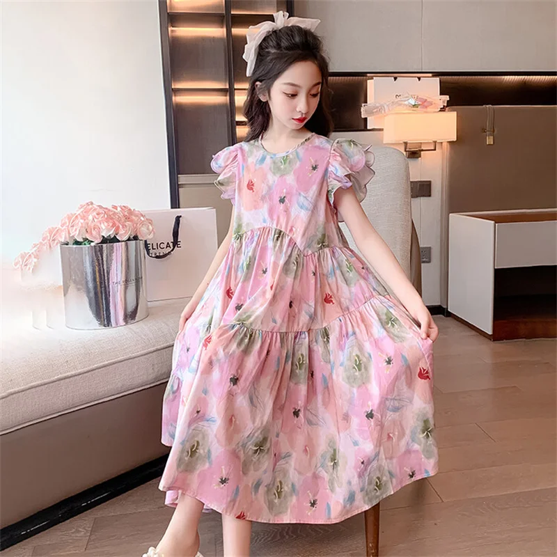 Girls Summer Dress 2024 New CuHK children Korean children\'s Western style floral dress 6-12 years old 15 years old