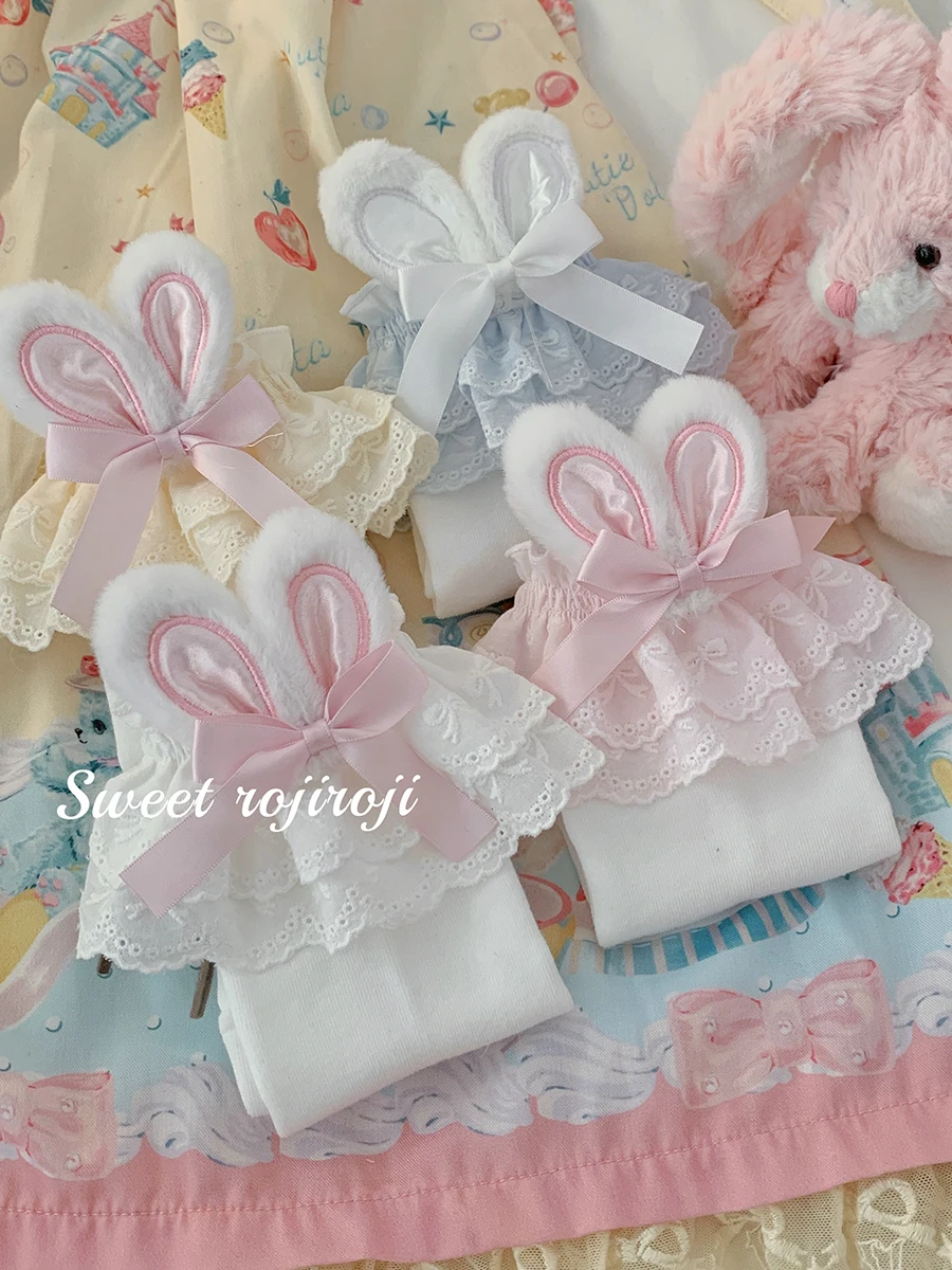 Original Japanese Girly Sweet Y2k Rabbit Ear Lolita Socks 2024 Summer New Fashion JK Bow Lace Stitching Short Socks For Women