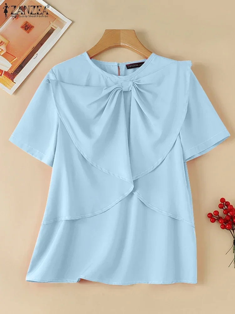 ZANZEA 2025 夏の女性の韓国 Tシャツシックなちょう結び半袖ブラウスパッチワーク O ネックトップスホリデーカジュアルルーズ固体チュニック