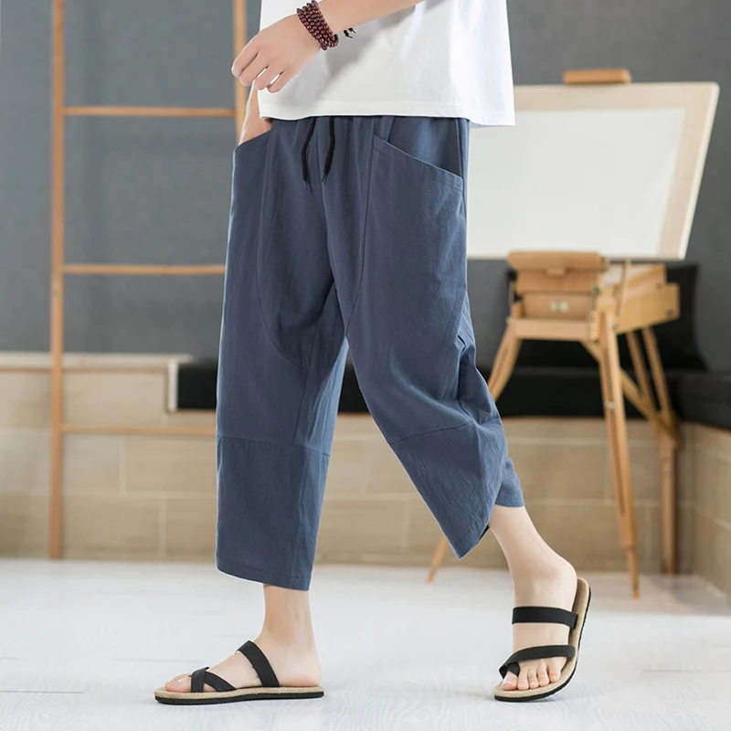 Men Chinese Style Cotton Linen Harem Pants Mens Retro Streetwear Beach Calf-Lenght Pants Male Casual Summer Trousers