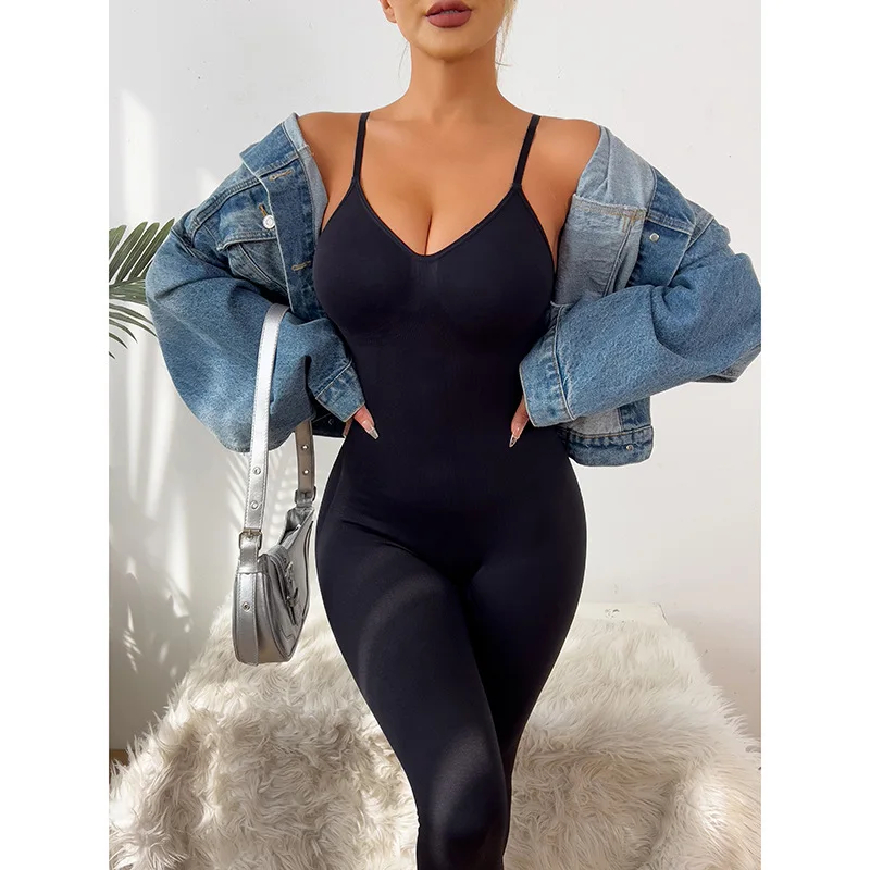 Celana Kodok Tanpa Lengan Wanita Kerah V Satu Potong Romper Pensil Celana Panjang Pergelangan Kaki Jumpsuit Seksi High Street Sedikit Strech Bpdycon