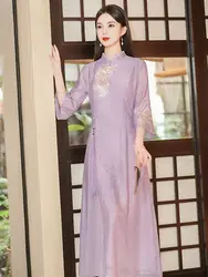 Chinese Style Embroidery Loose Modified Cheongsam Dress mid-length Dress Antique Qipao Dress Women Retro Ao Dai Dress
