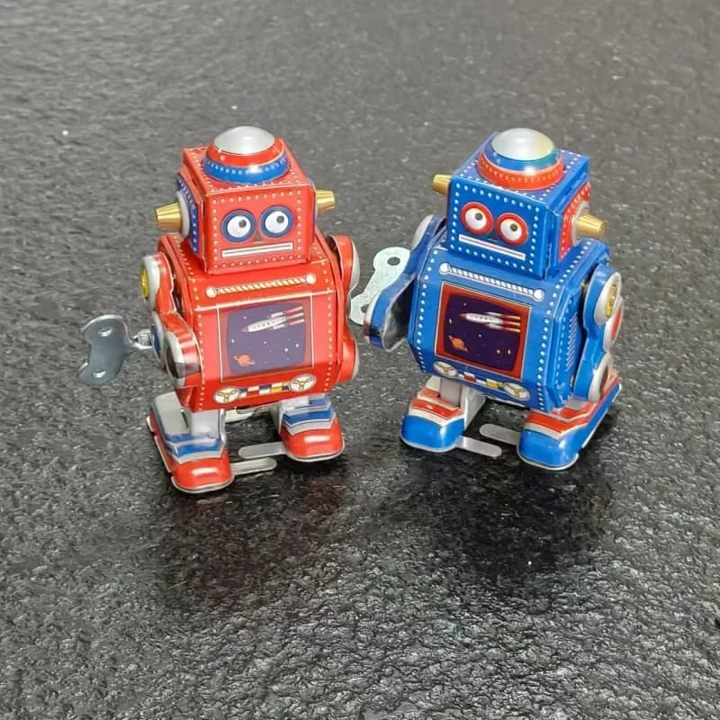 [Divertido] colección para adultos, juguete de cuerda Retro, Mini Robot de hojalata de Metal, juguete de relojería rojo/azul, modelo de figura, juguete para regalo Vintage