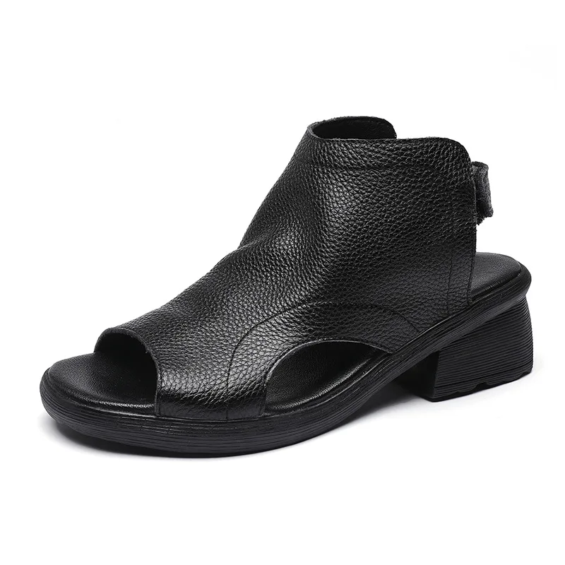 Fashion Women Thick Heel Sandals Summer Open Toe Shoes Handmade Retro Outside Hook And Loop Casual Sandals Sandalias