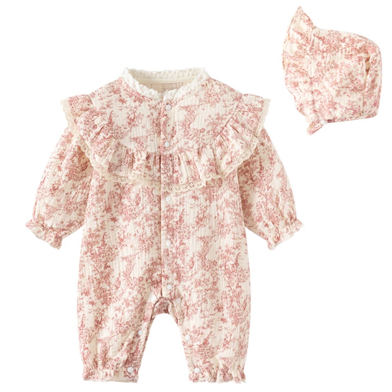 الوليد الطفل بنات بذلة قطعة واحدة الزي الرضع طفل الفتيات رومبير + قبعة قميص قطني بكم طويل الطباعة ربيع الخريف ملابس الطفل