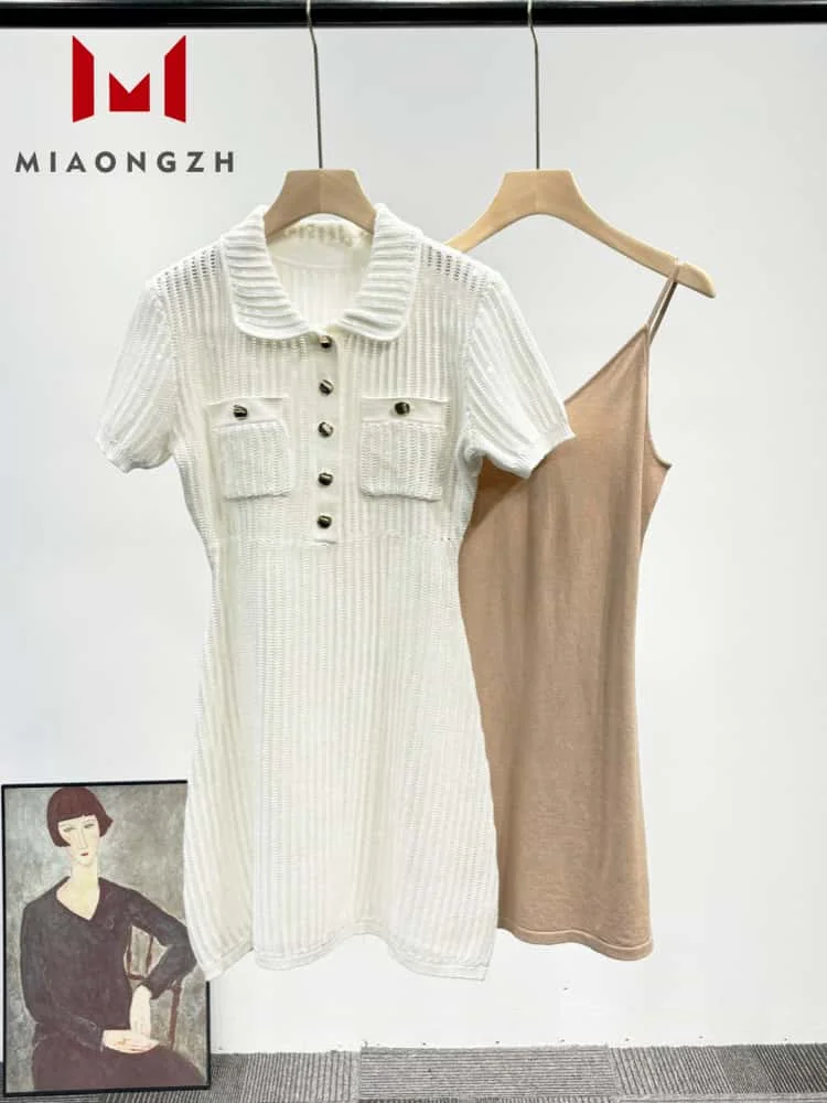 

High Quality White Dress Luxury Knit Sequin For Women Polo Collar Short Sleeve Fashion Hollow Out 2025 New Spring Party Dresses