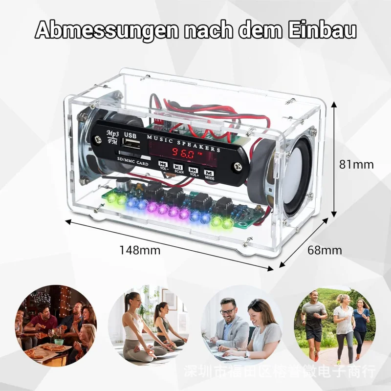 Kit de alto-falante bluetooth, rádio portátil, cinto de alto-falante, controle de voz, luz indicadora de nível, peças de escudo acrílico