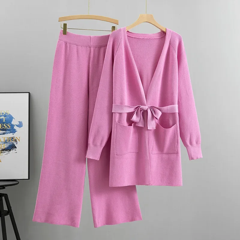 Autumn Winter Warm Knitted Suit Women Long Sleeve Sweater And Wide Leg Pants Sets Solid Color Loose Sets Long Cardigan Outfits