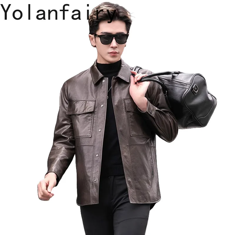 YOLANFAIRY Top Layer Goatskin Men Leather Jacket Autumn Winter Slim Casual Business Genuine Leather Coat Man Clothes Brown Color