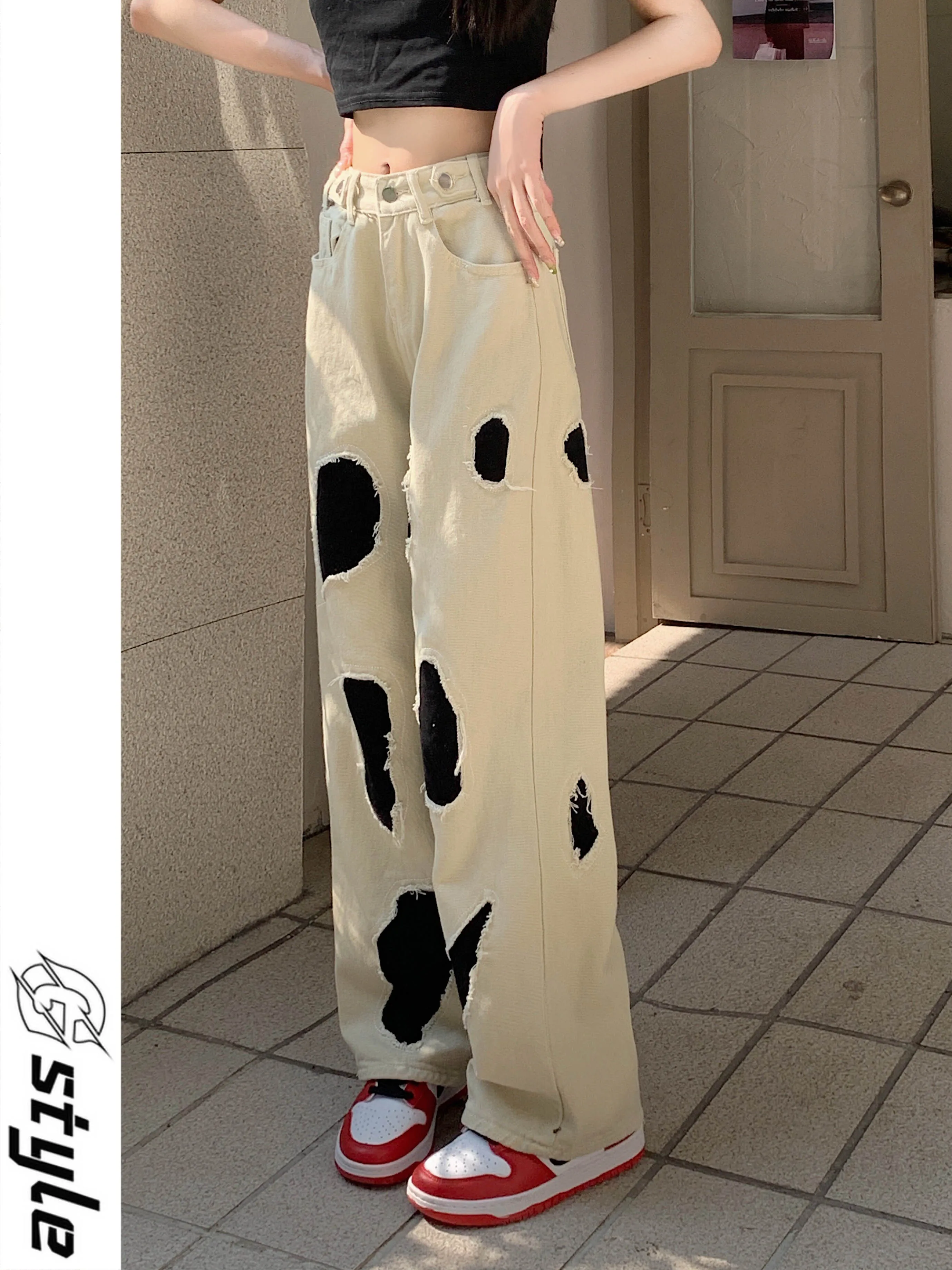 Female Summer Retro Perforated Patch Straight Leg Jeans High Waist Slim Straight Leg Wide Leg Pants