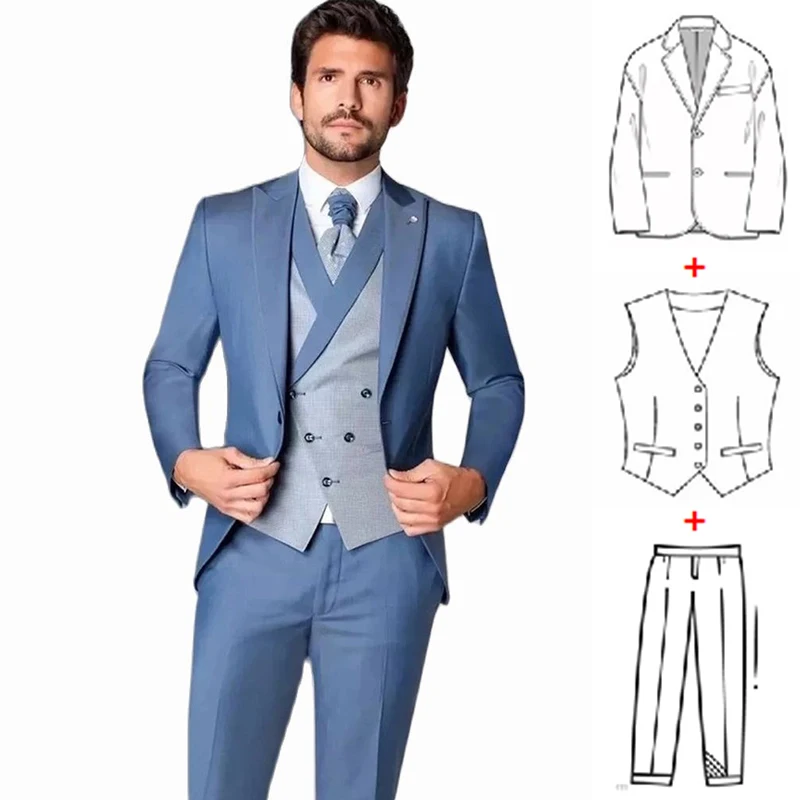 

Wedding Prom 3 Piece Suits for Men Blazer Vest Pants Peak Lapel Costume Homme Grooms Tuxedos Terno Masculino Slim Fit Men Suit