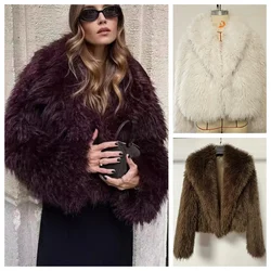 Chic Fluffy Faux Fur Women's Warm Cropped Coat Elegant Long Sleeve Thick Thermal Furry Jacket New Winter Fashion Streetwear