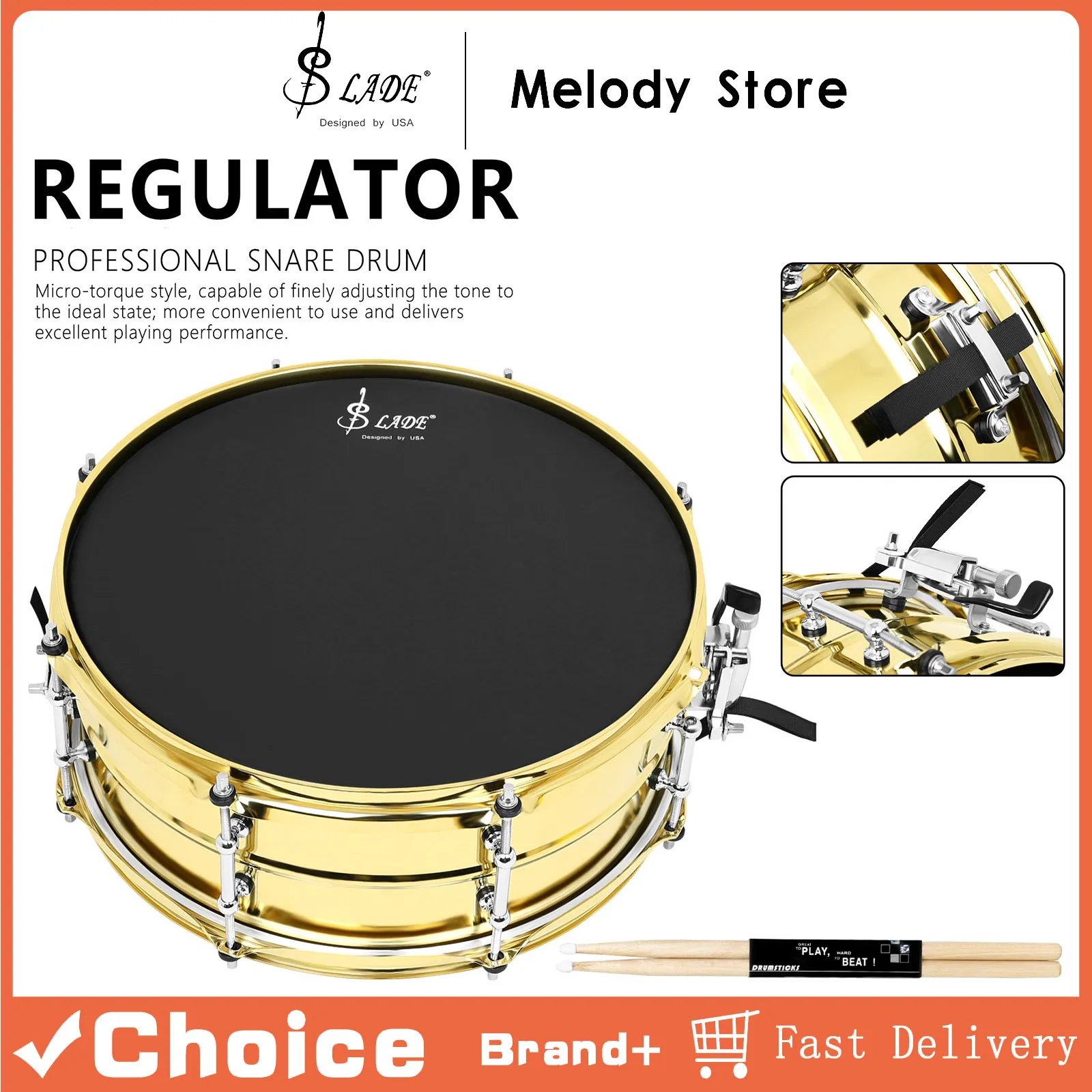 

SLADE Snare Drum 14 × 5.5 Inches Polyester Film Metal Frosted Leather Thickened Snare Drum Percussion Instrument with Drum Stick