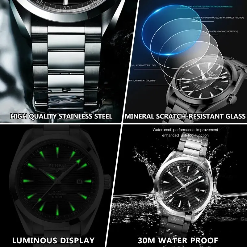 100%Original ZUNPAI Watch For Men Waterproof Stainless Steel Fashion Luxury Men Watches Waterproof Luminous Quartz WristWatch