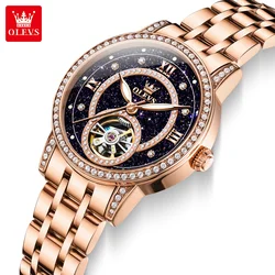 OLEVS 7036 Starry Sky Design Automatic Watch for Women Rose Gold Stainless steel Flywheel Hollow out Ladies' Mechanical Watches