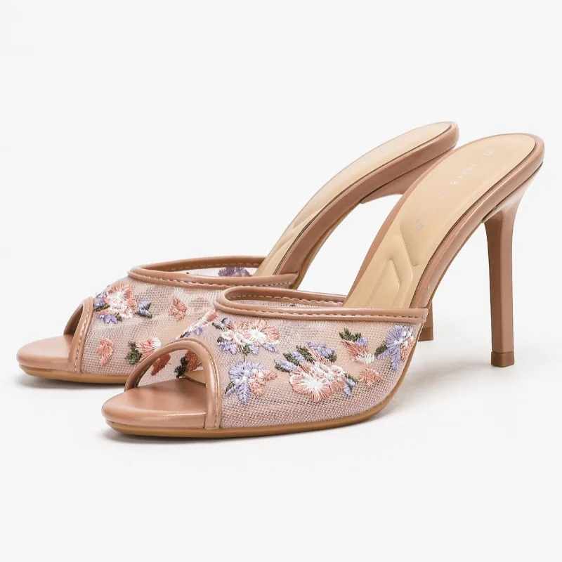 

Elegant Embroidery Mesh Heeled Slippers Women Sexy Peep Toe Stiletto Slide Sandals Fashion Party Dress Shoes Zapatos De Mujer