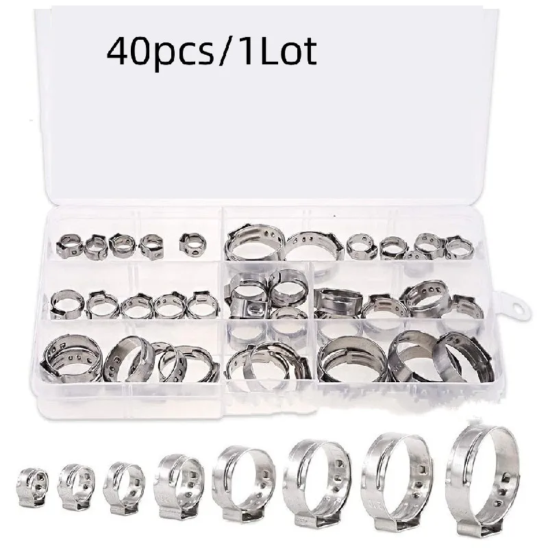 40Pcs/1Set Hose Clamps Stainless Steel 6-23.5mm 1-Ear Stepless Clamp Worm Drive Fuel Water Hose Pipe Clamps