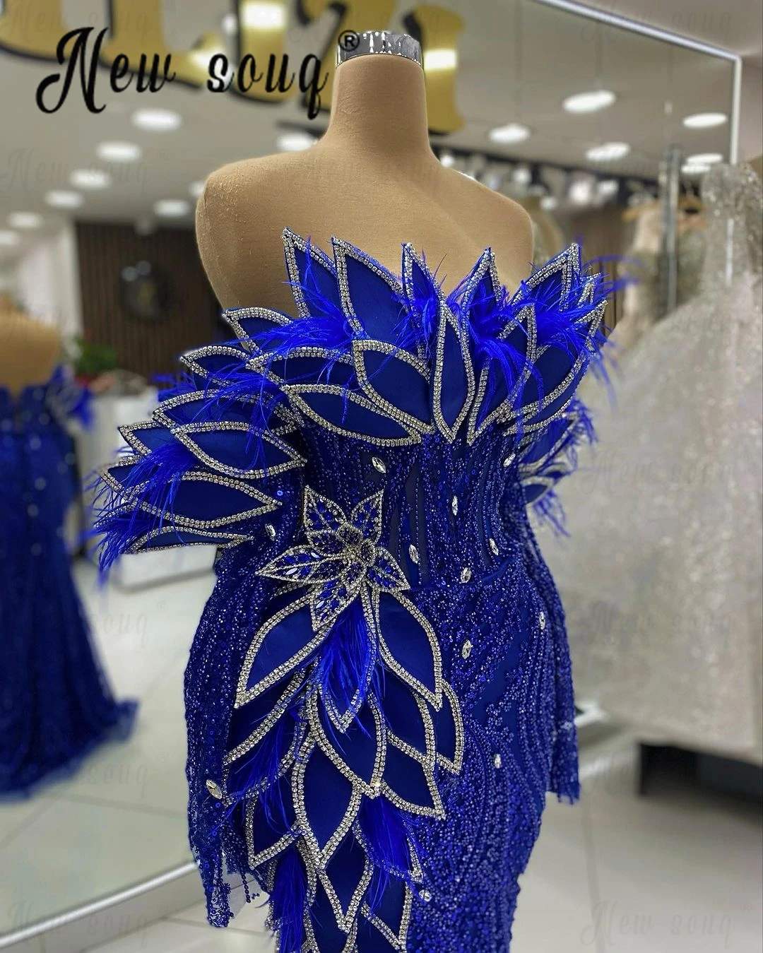 Vintage Royal Blue Appliques Evening Dress Woman\'s Feather Wedding Party Gowns Long Sleeve Mermaid Prom Dresses Robes de Soirée