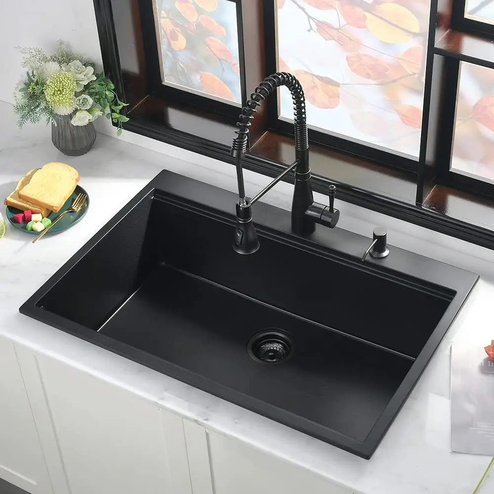 7248 New Design Matt Black Granite Composite Kitchen Single Bowl Topmount Sink