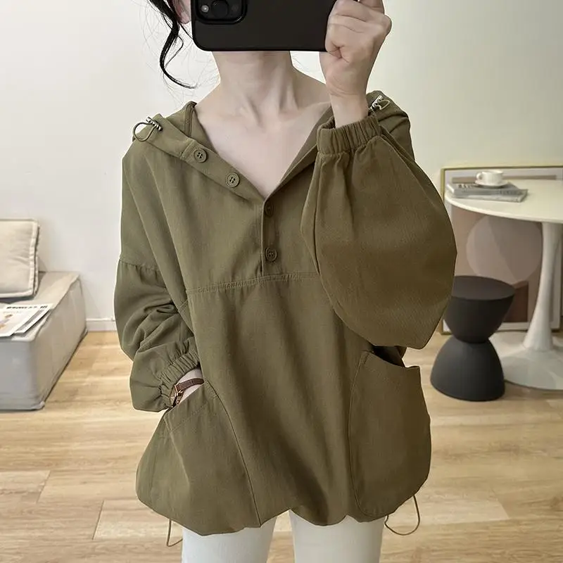Fashion Hooded Spliced Button Shirring Pockets Blouse Female Clothing 2023 Autumn Winter New Oversized Casual Tops Korean Shirt