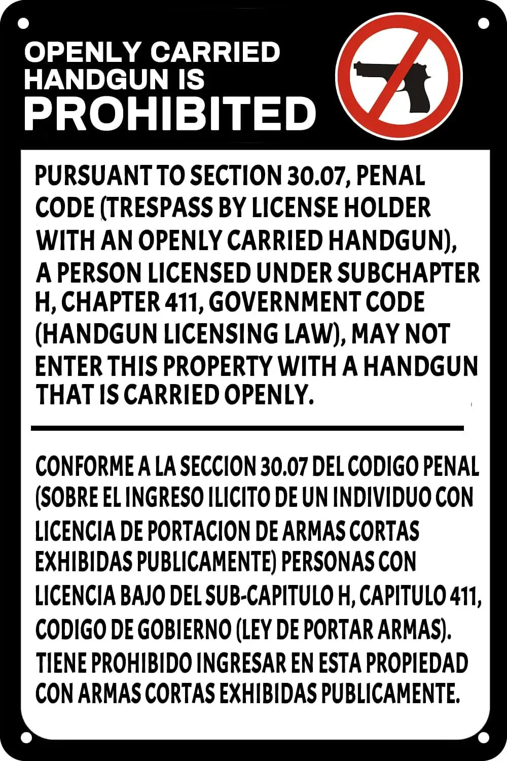 No Openly Carried Handguns Sign Metal Signs for Outdoors Bilingual Texas 30.07 Sign for Home Bar Garden Cafe Restaurant Out sign