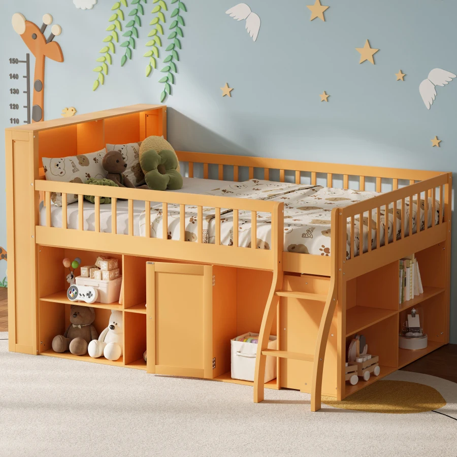 Full Size Loft Bed with Storage, Headboard with LED Light, Natural Easy Assembly
