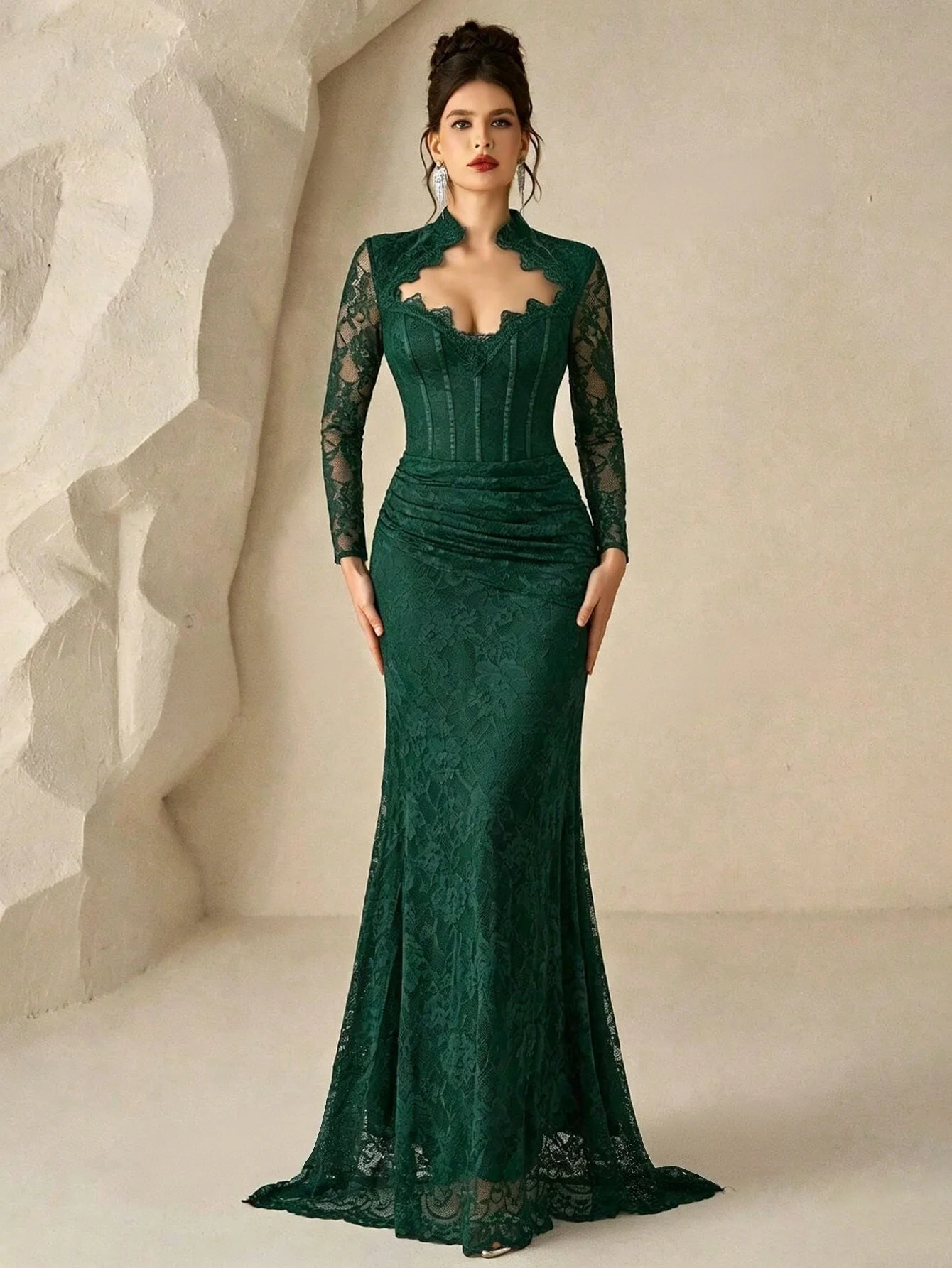 Dark Green Elegant Lace Mermaid Prom Dress High Neck Hollow Chest Long Sleeve Corset Floor Length Formal Gown For Women