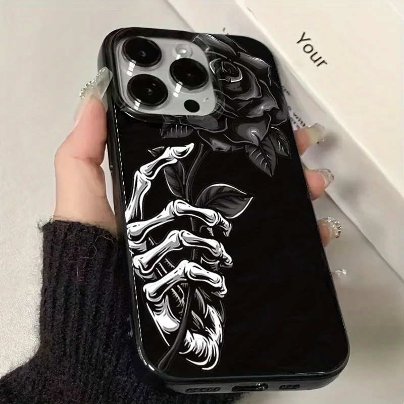 

Dark Fashion Skeleton Holding Rose Flower Phone Case For iPhone 17 Air 16 15 14 13 12 11 Pro Max 16e 17e XR X XS 7 8 Plus Cover