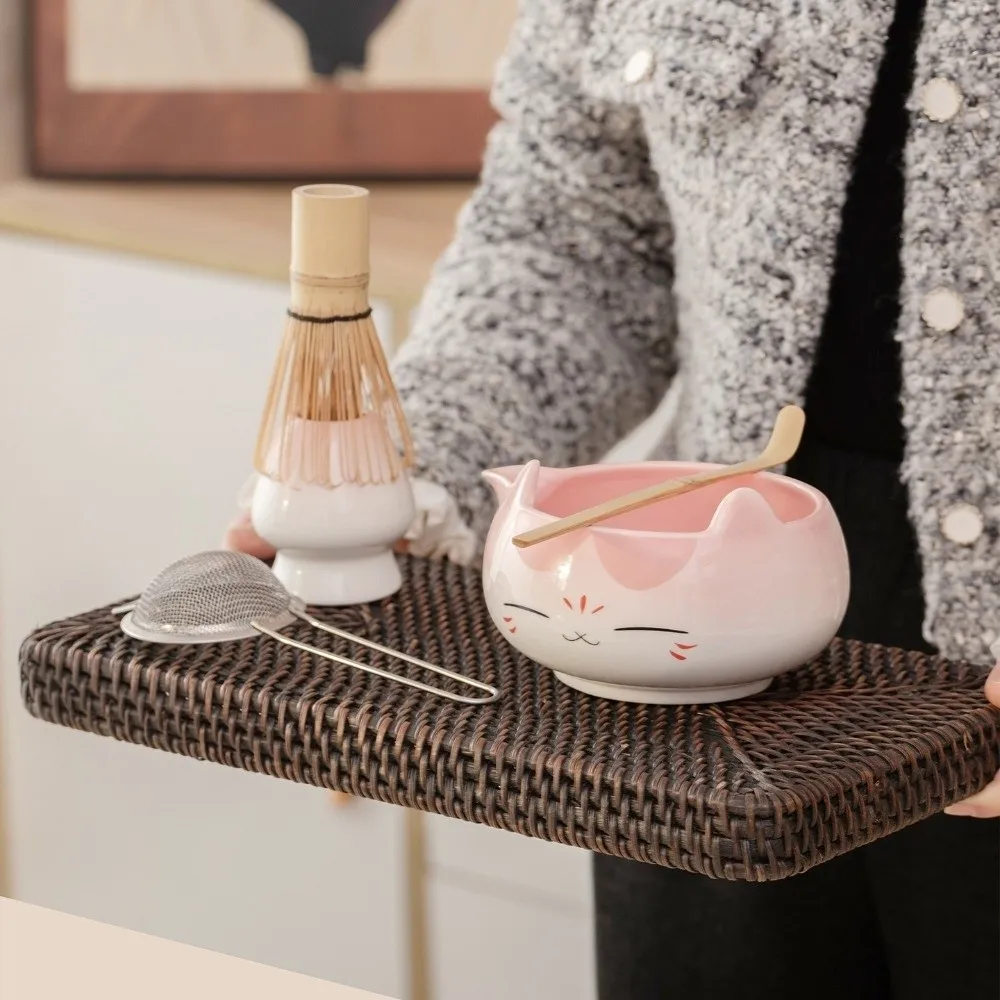 2/5/7pcs Ceramic Bowl Matcha Tea Set Pink Color Five Piece Set Japanese Tea Whisk Gift Box With Spout Tea Making Tool