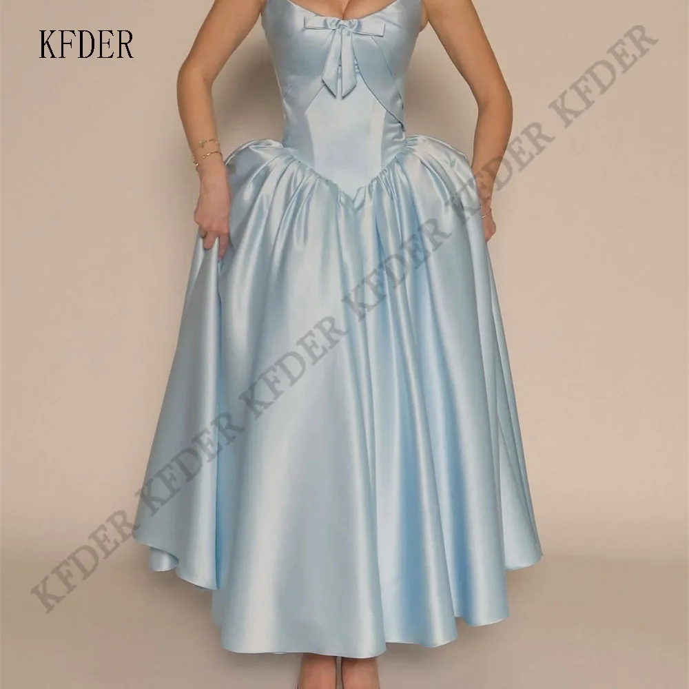 

Light Blue Front Bow A Line Prom Dresses Sleeveless Satin Evening Vestidos De Noche Ankle Length Formal Dress Porm Gowns 2026