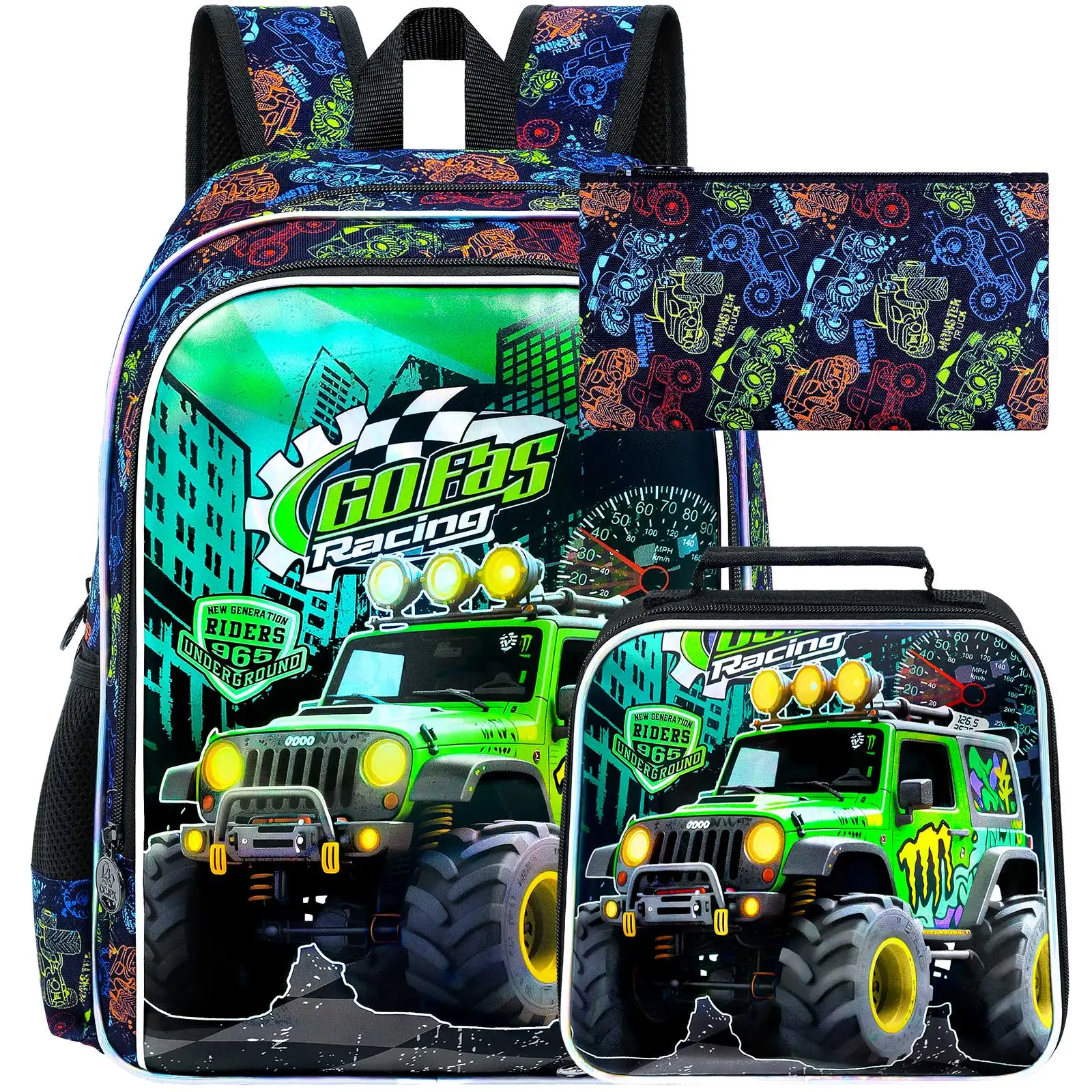 

3PCS Boys Truck Backpack, 16" Kids Car Bookbag with Lunch Box, Elementary Preschool Toddler School Bag