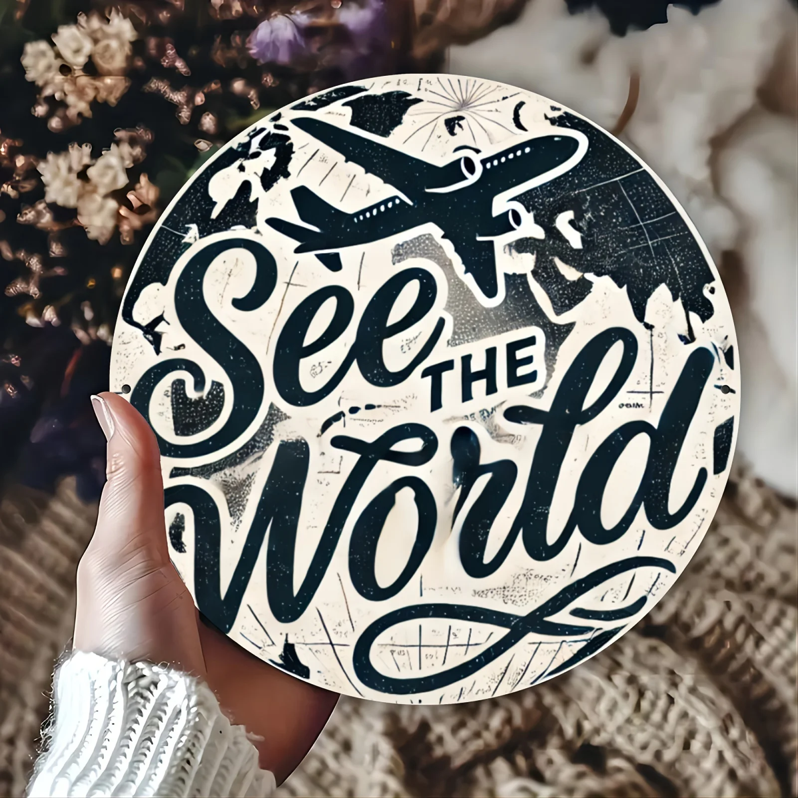 قطعة واحدة من لوحة جدارية كلاسيكية "See the World" ذات طابع دائري من القصدير المعدني - لوحة ديكور حديدية للمنزل والمزرعة والشرفة وغرفة النوم #5