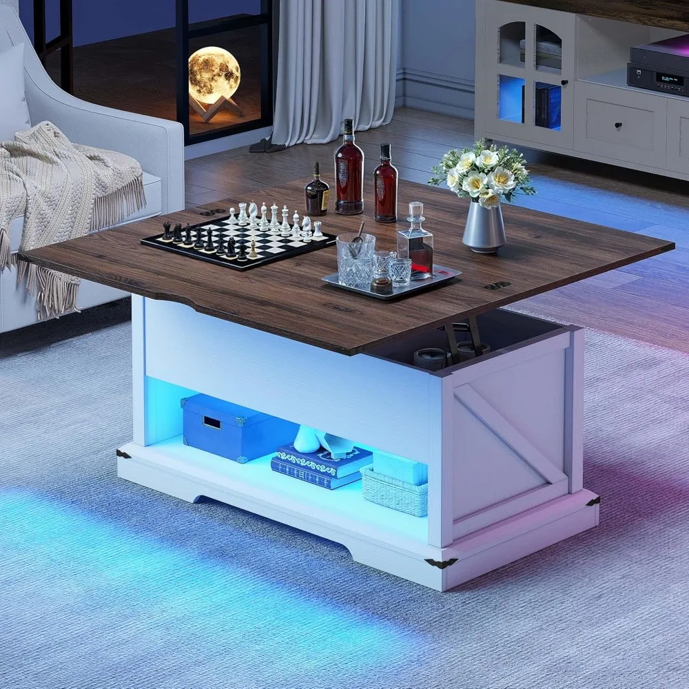 Mesa de centro ajustável para sala de estar, LED multifuncional 3 em 1 com espaço de armazenamento, mesa de jantar ajustável para sala de estar