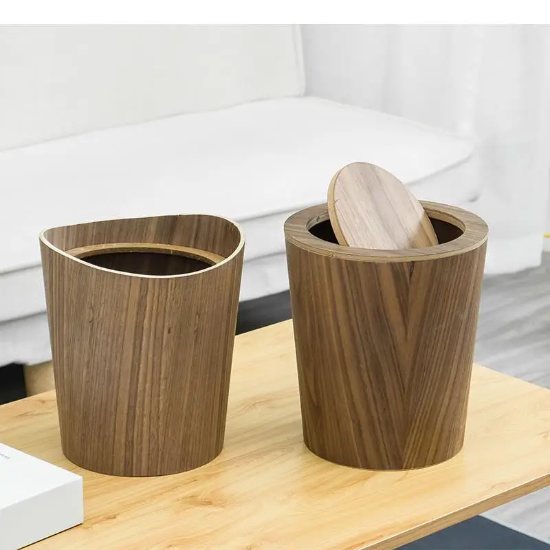 

Desktop Trash Can Wooden Wastebasket Swing Cover Rubbish Storage Bucket Storage Box Waste Bins Garbage Can with Lid Trash Bin