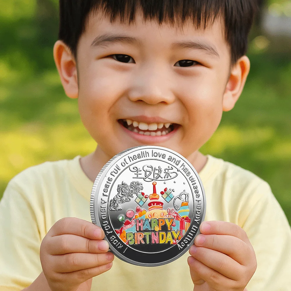 Exquisite Happy Birthday Commemorative Coin Cake Color Painting Commemorative Lucky Coin Gift Good Luck Souvenir Coin New Year