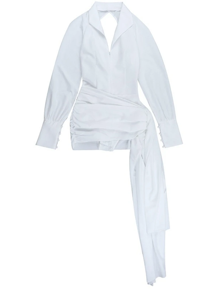 SsTss レディース ホワイト 長袖 シャツワンピース ジップアップ フロント Vネック スリム レースアップ バックレス ルーシュド リボンタイ ミニ パーティー ナイトドレス