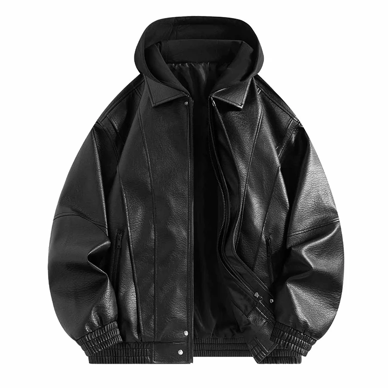 

Двусторонняя кожаная куртка в мотоциклетном стиле, теплая кожаная куртка, мужская короткая кожаная куртка, новая американская ретро-куртка с капюшоном и лацканами
