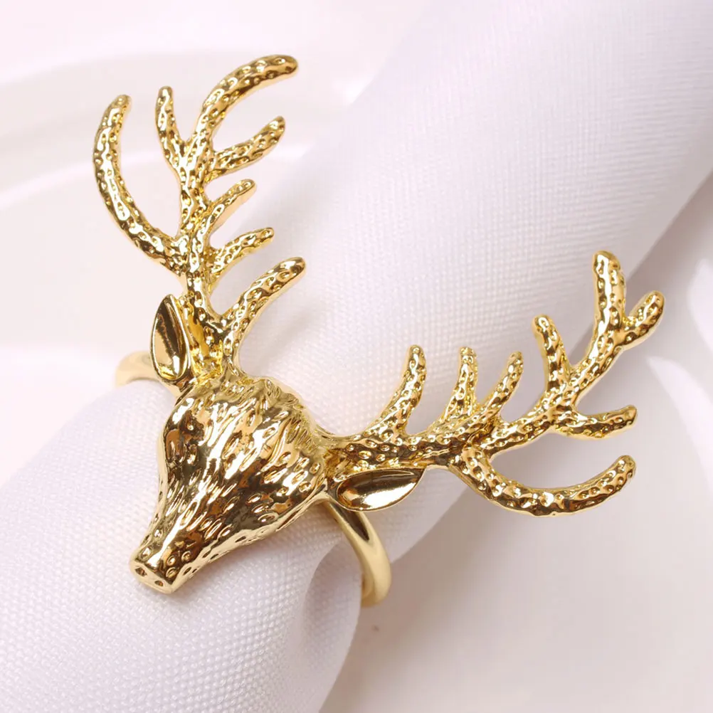 

4pcs Elk Head Napkin Rings Xmas Party Alloy Buckles Metal Holders Tableware Adornments Festival Deer Shaped Clasps