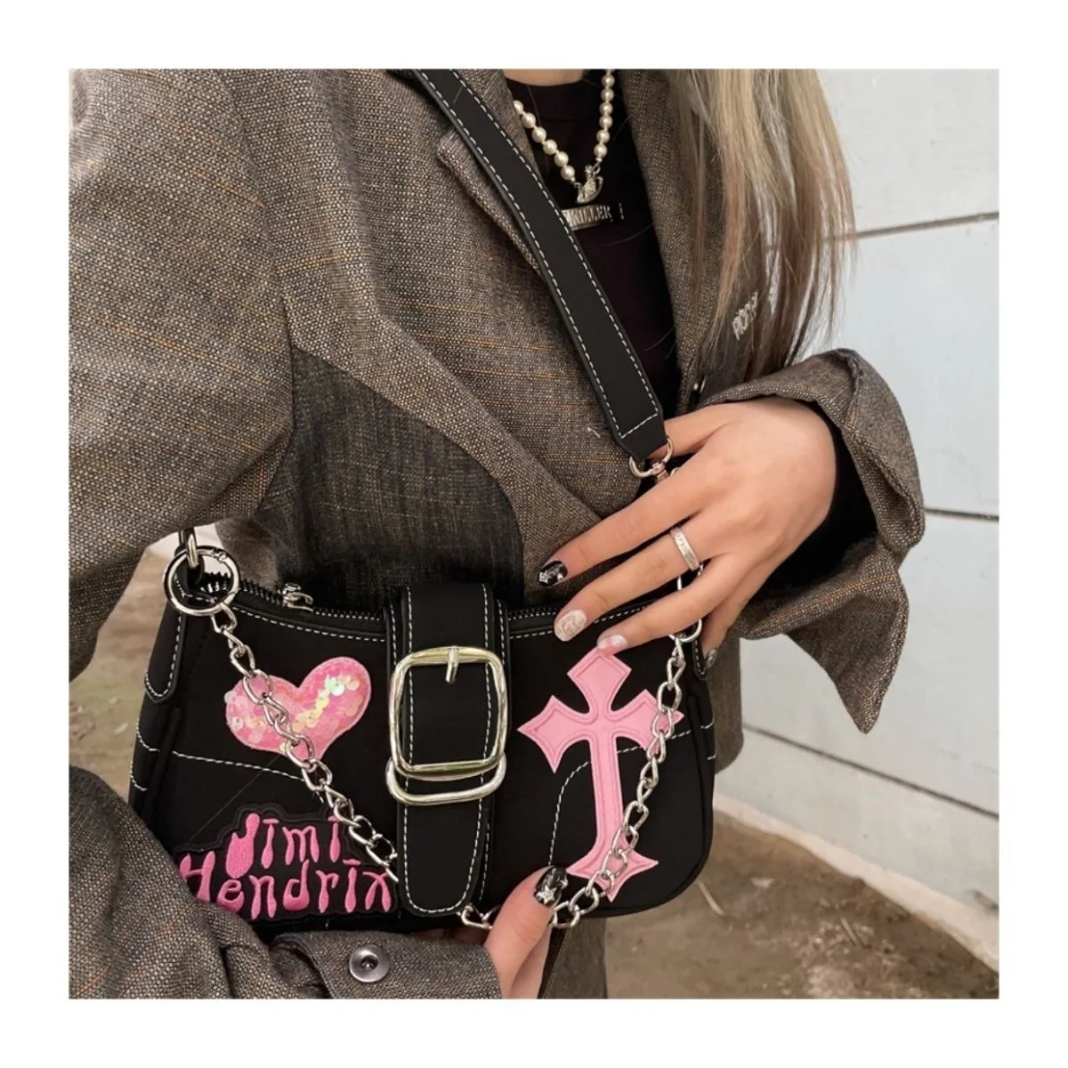 Y2K Black Pink Color Shoulder Bag for Women Cross Heart Pattern Letter Handbag Chain Cool Hiphop Underarm Sling Bag Square Shape