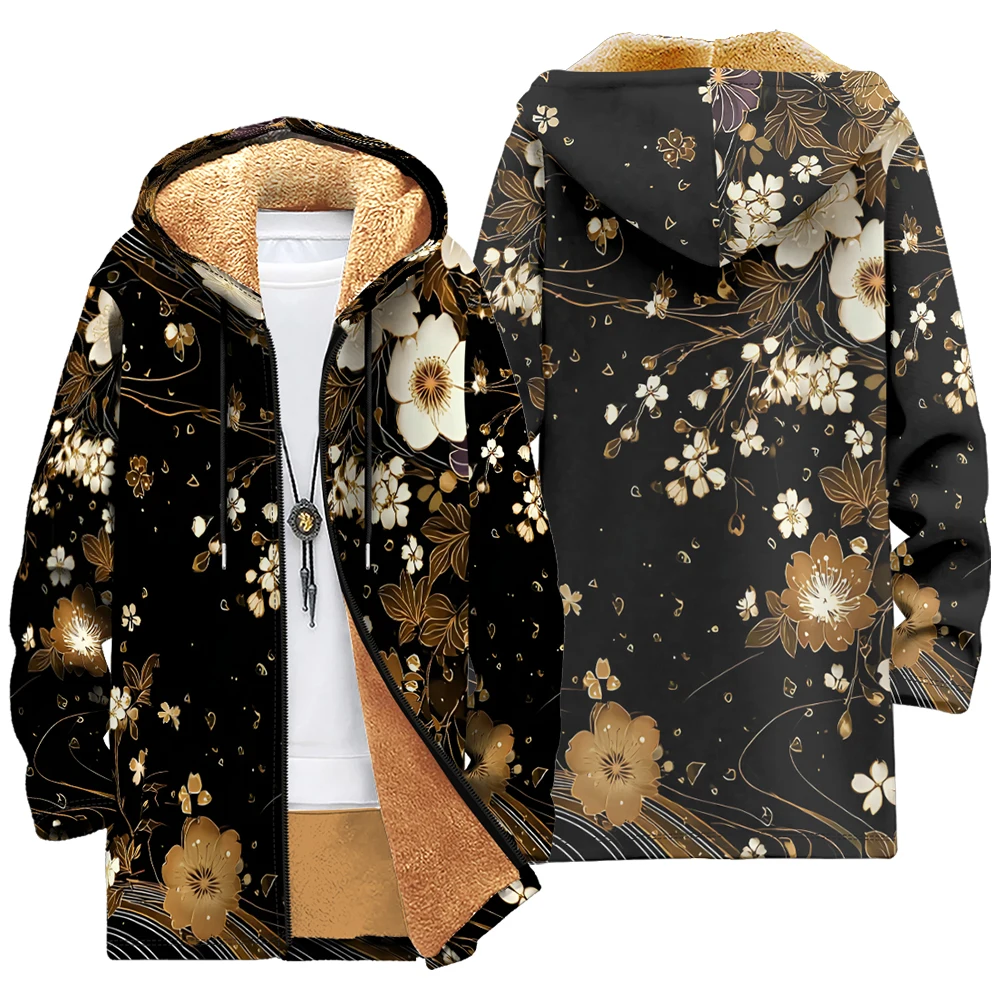 

Men Cardigan Coat Floral Botanical Cherry Blossom Printed Plush Thick Japanese Harajuku Jacket Warm Outerwear Plus Size Clothing