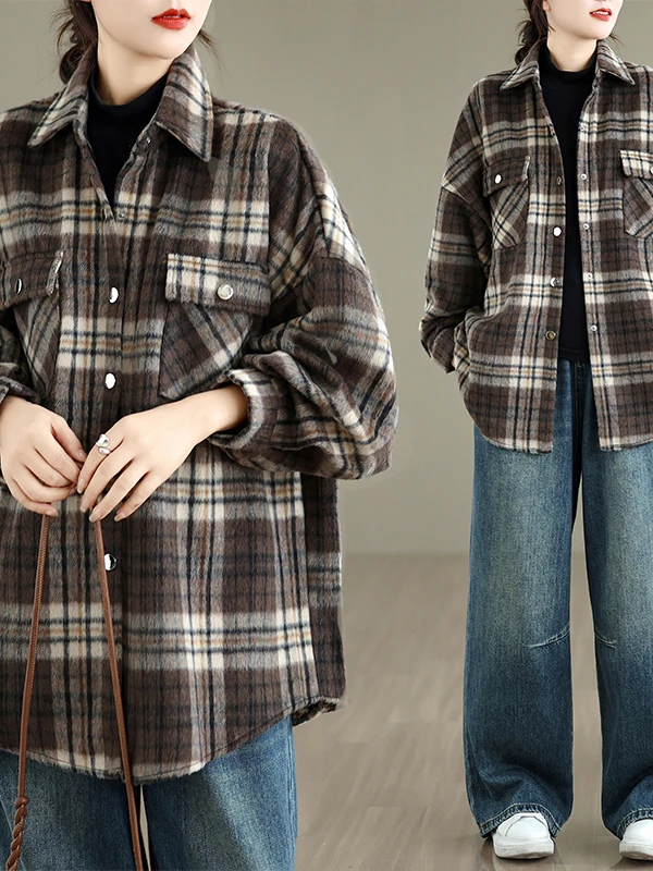 

Casual Plaid Long Sve irt Women's Large Size New 2025 Single Button Casual Sle Loose Fit Mid-Length Inner Wear irt