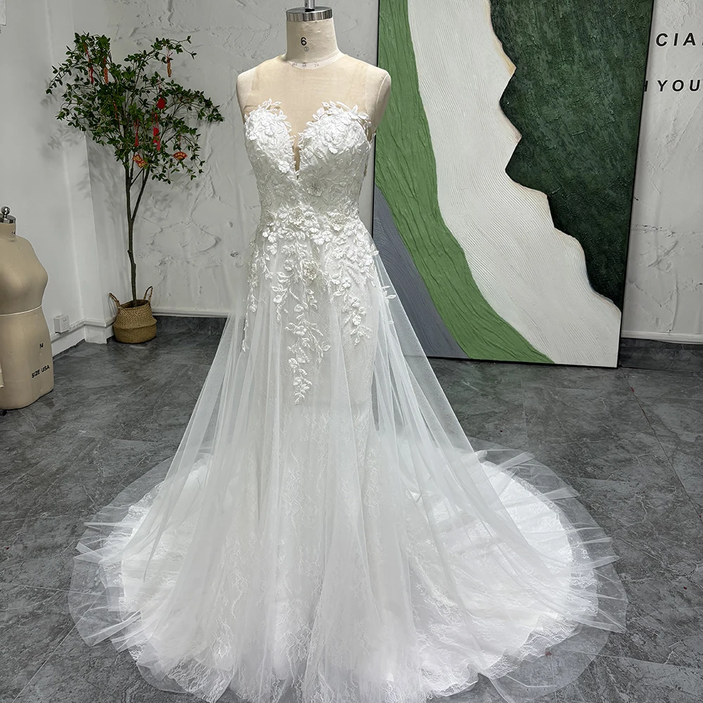 Robe de mariée élégante en fibre au dos, robes de mariée personnalisées, dentelle, ligne A, col rond, train de balayage, patients anicides, quelle que soit la dentelle, 2024