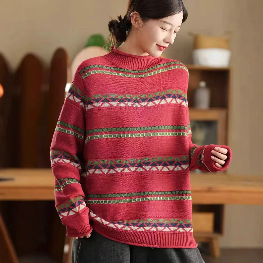 Red Sweater Women's Winter Fall Fashion Long Sleeve Half-turtle Neck Loose Casual Knit Wear Female Good Quality Cotton Yarn Tops