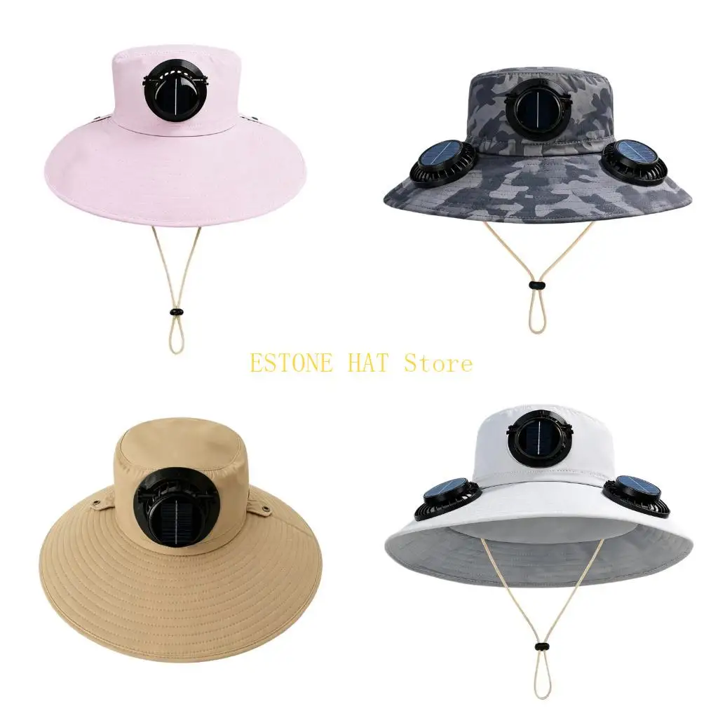 49MF Solar Powered Shade Hat Sun Cover Cap with Chin Cord for Fishing Gardens Camping and Warm Weather Hours Daily Use