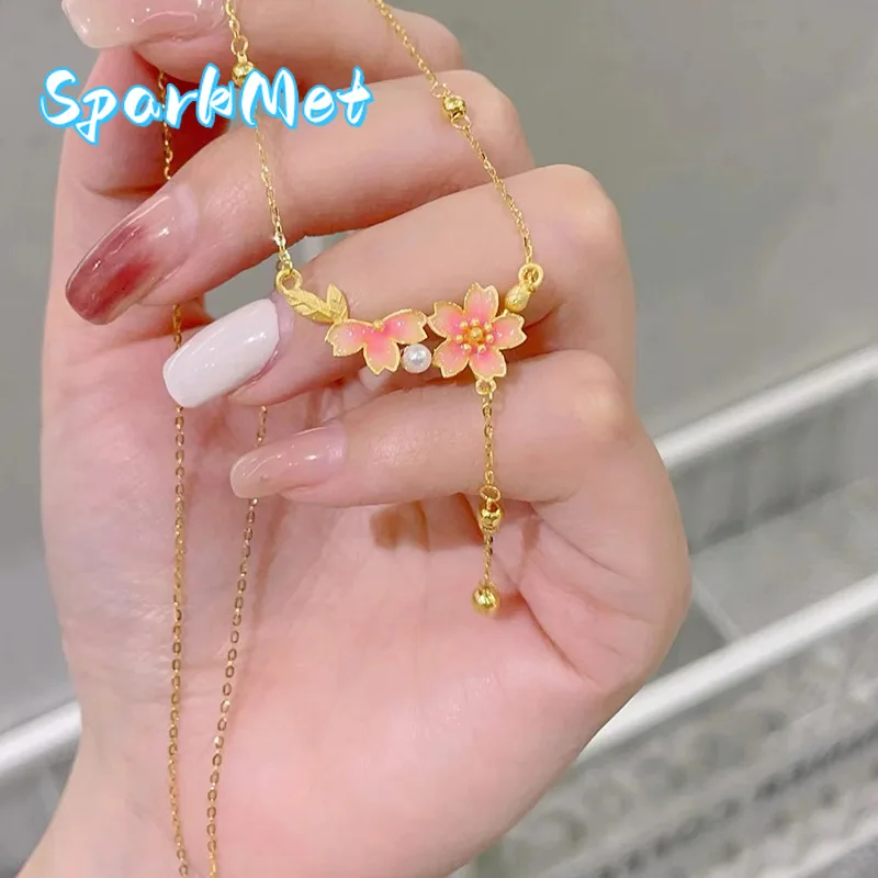 

Браслет-цепочка Sparkmet 9999 из настоящего золота 24K с жемчугом и цветами вишни, новый китайский стиль, розовая эмаль, цветочный кисть-подвеска для женщин