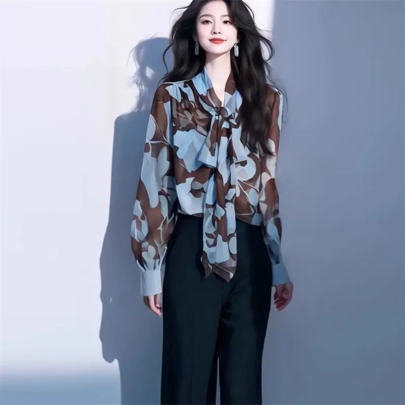 Vintage Print Long Sleeve Shirt Tops Spring New Bow Lacing Loose Youth Temperament Blouse Fashion Elegant Office Women Clothing