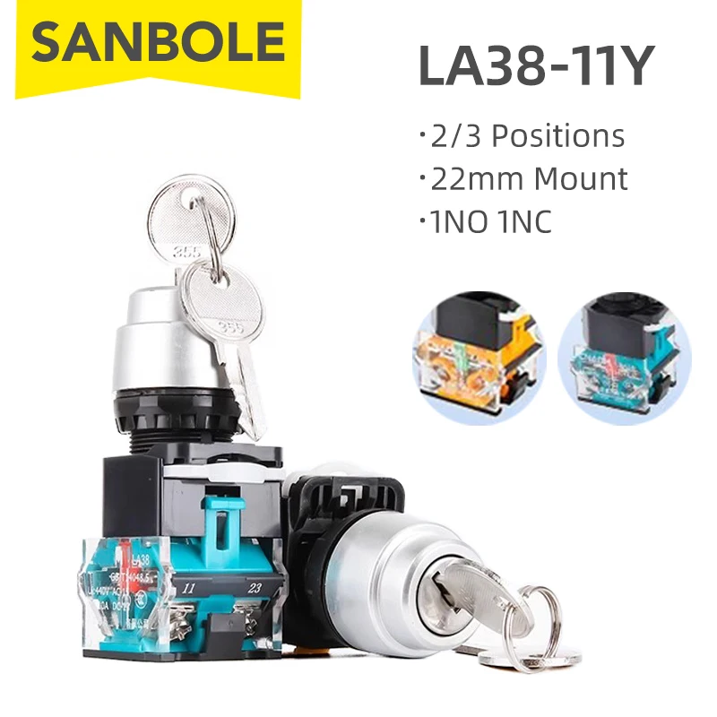 LA38-11Y2 Rotary Key Switch Button Rotate Two Positions 3P Self-locking 22mm Mounting Size 1NO 1NC 2NO