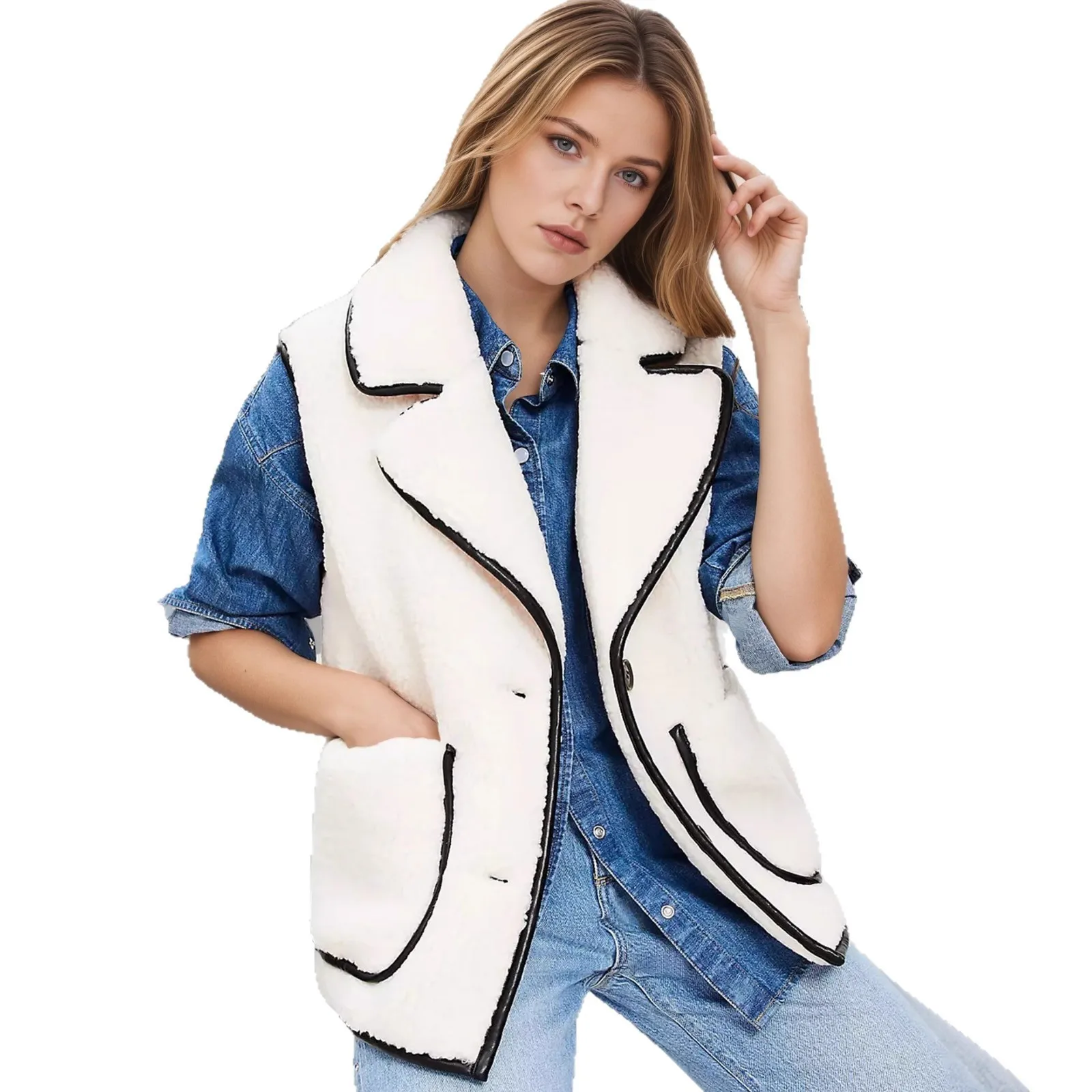 Notched Lapel Turn Down Collar Vest Loose Fit Casual Women Vest with Pocket Detail Buttonless Front Short Length Sleeveless