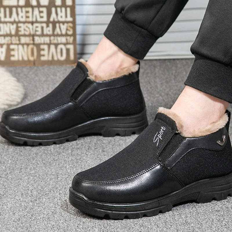 Men Sneakers Pu Leather Comfortable Plush Fur Ankle Plush Warm Shoes for Men Boots Slip On Casual Footwear Solid Color Zapatos